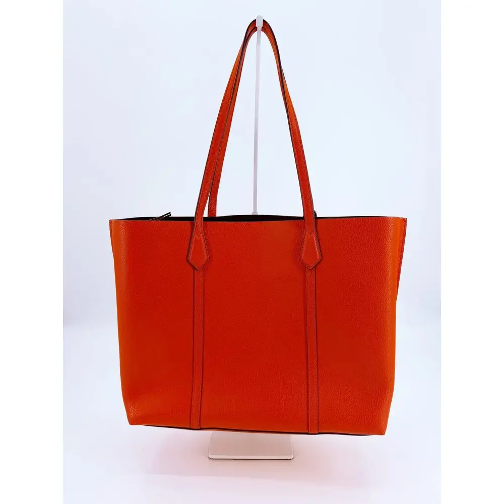 Tory Burch Perry Orange Pebbled Leather Triple Compartment Tote Shoulder Bag